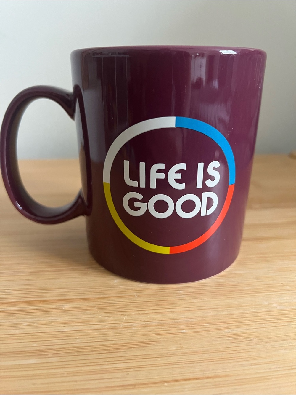 Life Is Good Burgundy Ceramic Mug with Rainbow Circle Logo